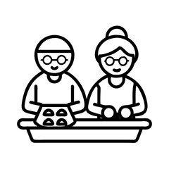 grandparents baking cookies icon, grandparents day line art, grandparents icon - simple black line art icon of grandparents baking cookies, for grandparents day celebrations. grandparents vector art.