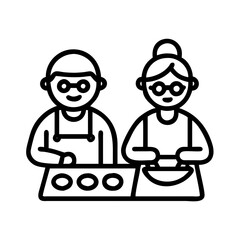 grandparents baking cookies icon, grandparents day line art, grandparents icon - simple black line art icon of grandparents baking cookies, for grandparents day celebrations. grandparents vector art.