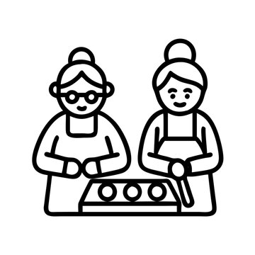 recommend clip art: grandparents baking cookies icon, grandparents day line art, grandparents icon - simple black line art icon of grandparents baking cookies, for grandparents day celebrations. grandparents vector art.