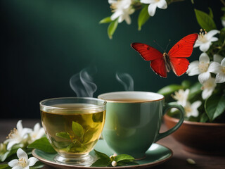 Red Butterfly on Jasmine Flowers with Green Tea on the Table


