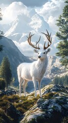Fototapeta premium A majestic white deer with perfect antlers, and beautiful mountain forest views