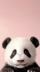 Fototapeta premium Adorable Baby Panda Peeking Over Bottom Edge with Curious Expression on Soft Pink Pastel Background for Mobile Wallpaper