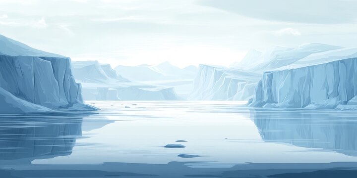 A vast frozen arctic valley featuring dramatic ice cliffs and a tranquil reflective lake, all illuminated by soft winter light in a pristine, untouched landscape. 