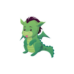 Cute vector dragon with wings and tail, playfully sticking out its tongue on white background