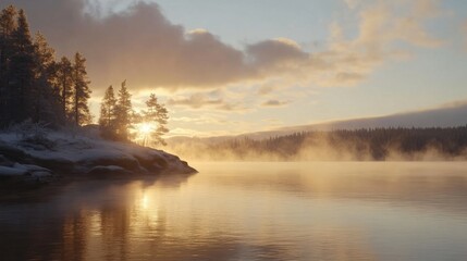 Forest lake in Finland glowing at sunrise, frost sparkling, mist rising from water, and golden light reflecting.