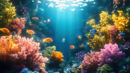 Obraz premium Vibrant underwater scene with colorful corals and fish illuminated by sunlight.