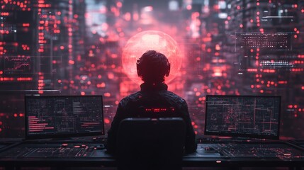 Ai-powered animation showcasing a dynamic scene of technology-driven innovation in a futuristic cyber environment from a programmer's viewpoint