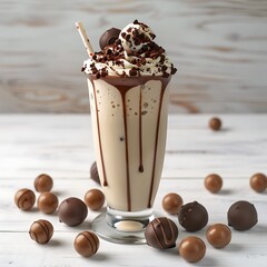 Chocolate milk shake in glass with chocolate candies