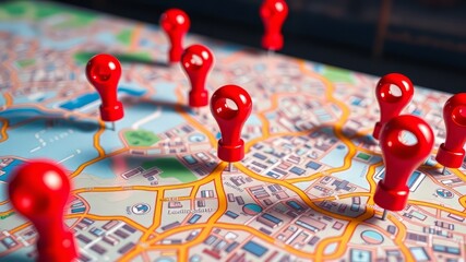 Colorful GPS Map with Red Pins - Digital Route Planning