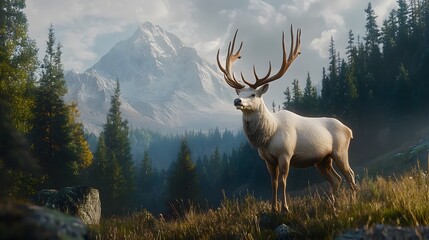 A majestic white deer with perfect antlers, and beautiful mountain forest views