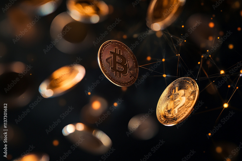Poster digital cryptocurrency coins floating in a dark background with glowing connections