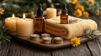 Spa Day Serenity: Aromatic Essential Oils, Candles, and Soft Towels