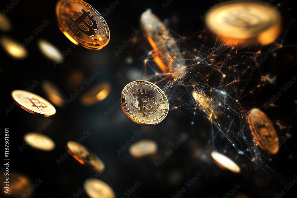 Aufkleber bitcoin coins floating in a digital network against a dark background