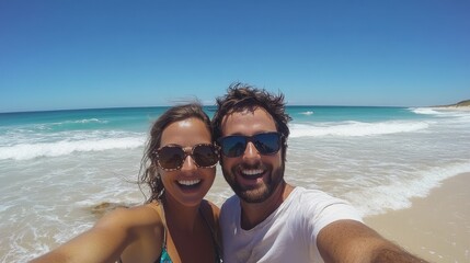 Fototapeta premium Happy couple taking selfie on sunny beach. Perfect for travel, romance, or summer themes.