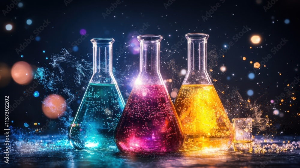 Poster glass flasks with colorful liquids on a lab table under a bright spotlight, creating a detailed scie