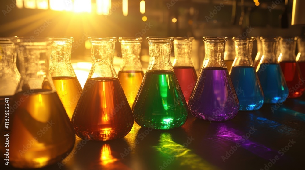 Poster glass flasks with colorful liquids on a lab table under a bright spotlight, creating a detailed scie