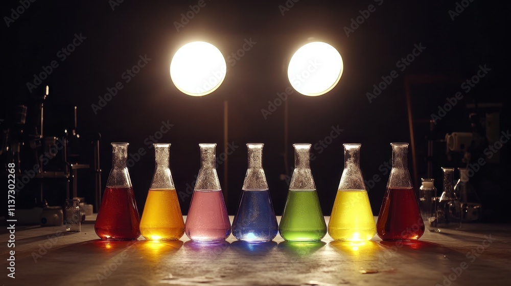 Aufkleber glass flasks with colorful liquids on a lab table under a bright spotlight, creating a detailed scie