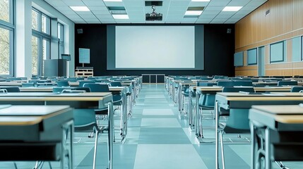 Modern classroom interior featuring empty desks and a projector screen, ideal for educational purposes and presentations.