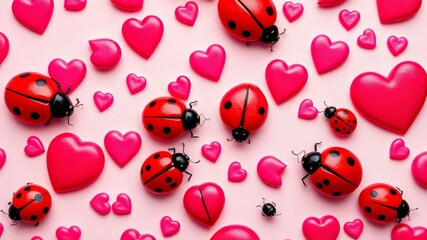 Cute Ladybug Heart Wallpaper, Seamless Pink Pattern, Valentine's Day Background