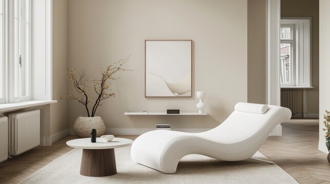Fresh and bright living room with a white chaise lounge, minimalist coffee table, and an optimally angled 3D mockup poster for advertisement appeal.