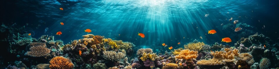 Fototapeta premium Vibrant Underwater Coral Reef Scene: Colorful Fish, Diverse Corals, Sunlight Illuminating Deep Blue Water with Dynamic Movement