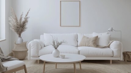 Bright living room setup with a white plush sofa, simple round table, and an angled 3D mockup poster frame for effective advertising.