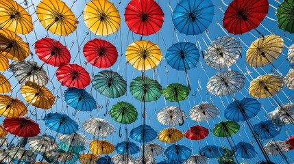 A vibrant display of colorful umbrellas suspended against a clear blue sky.