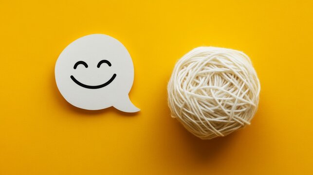 77.A flatlay on a bright yellow background with a speech bubble tangled with yarn beside a bubble with a happy face, symbolizing mental health challenges and positive outlooks. The clean design
