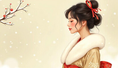 Fototapeta premium Japanese woman in a kimono with fur in a snowy landscape