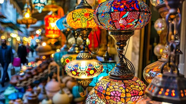 Vibrant Turkish mosaic lamps hanging in a colorful marketplace, glowing with intricate patterns and warm light. Concept: cultural art and craftsmanship

