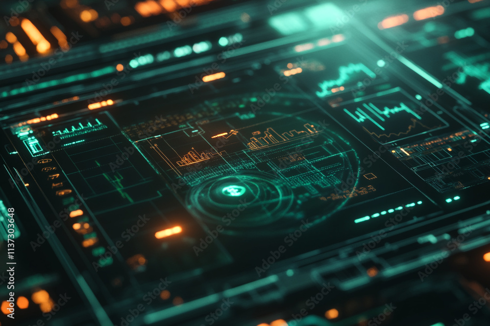 Poster futuristic digital interface showcasing data analysis and visualization