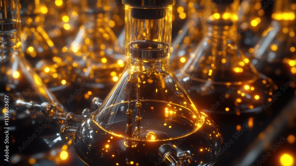 Poster intricate chemical solutions in an array of glass flasks, glowing under a bright and focused lab lig