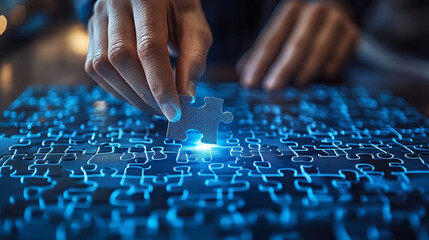 missing jigsaw puzzle piece in a glowing white space symbolizes clarity, potential, solutions, and connections. The bright light emphasizes discovery, completeness, and hidden opportunities