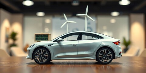 Mockup of an electric car with eco-friendly energy infrastructure on a table, productive business team in the background supporting natural preservation and sustainable future