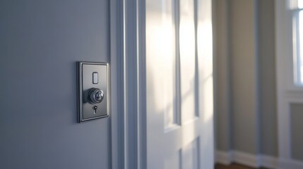 46.Close-up of a modern white door with a gleaming chrome handle and matching light switch, showcasing a fresh, uncluttered design with retro elements in a softly lit interior setting.