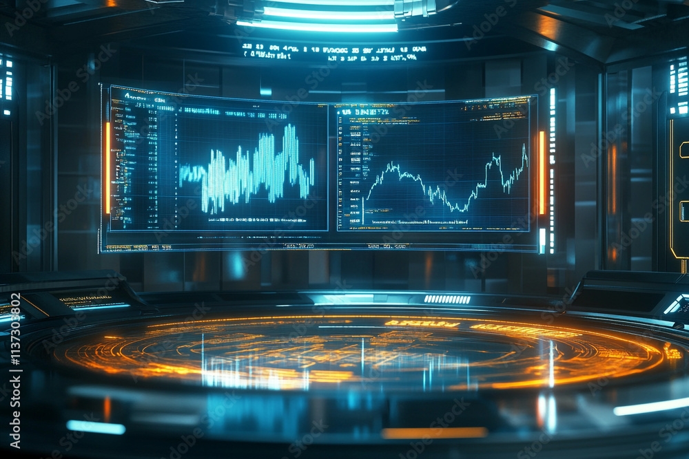 Poster advanced trading interface with data analytics and stock market visualizations