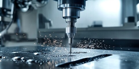 Close-up view of drilling machine at work in industrial workshop setting, drilling hole in metal with sparks flying