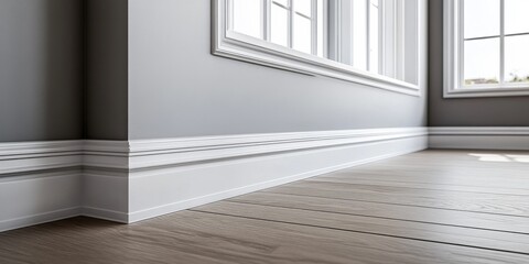 Fototapeta premium Modern and elegant corner room with light grey walls, wooden floor, large windows, and stylish interior design