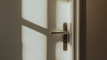 44.Close-up of a sleek, modern white door featuring a polished chrome handle and adjacent light switch, with a smooth, minimalist design capturing a retro-inspired look in soft, diffused lighting.