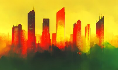 Fototapeta premium City skyline with orange, yellow, green hues.
