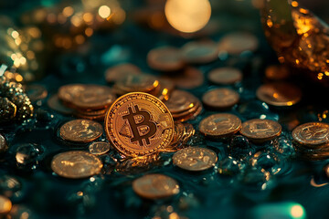 Golden cryptocurrency surrounded by coins on a reflective surface
