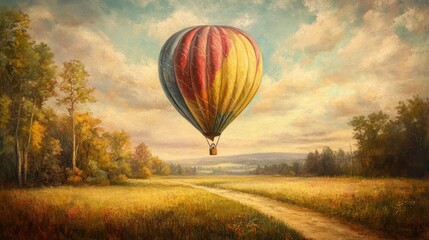 Fototapeta premium A vibrant hot air balloon floats over a serene landscape with colorful trees and a winding path.