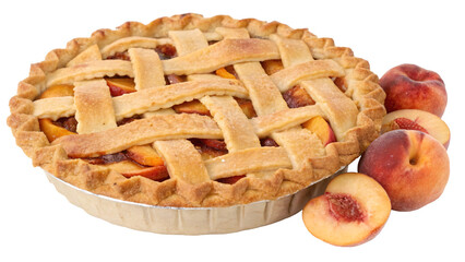 Freshly baked peach pie with a golden lattice crust, surrounded by ripe peaches, on a transparent...