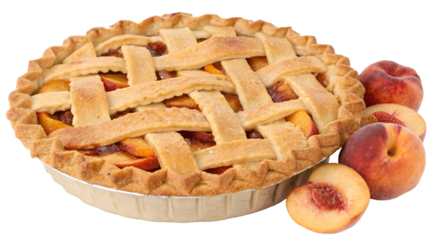 Freshly baked peach pie with a golden lattice crust, surrounded by ripe peaches, on a transparent background, concept of homemade dessert