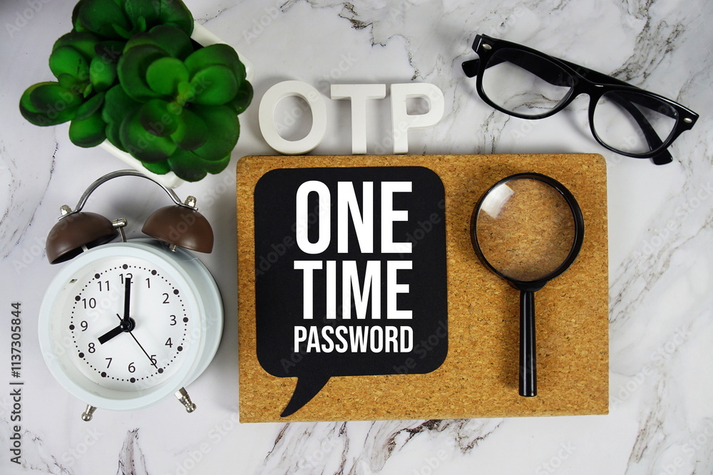 Aufkleber otp - one time password acronym with alarm clock and magnifying glass, data management concept backg