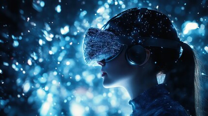 A woman wearing a virtual reality headset, immersed in digital data visualization, showcasing the intersection of technology and human experience.