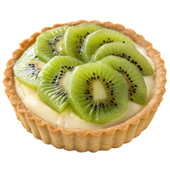 A delicious kiwi tart featuring fresh kiwi slices atop creamy filling in a golden crust on a...