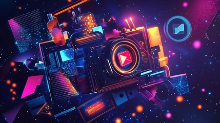 Futuristic camera with vibrant neon lights and geometric shapes.