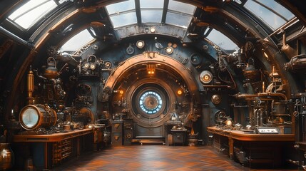 Fototapeta premium Steampunk Interior with Victorian Furniture Copper Pipes and Gears in Dark Rustic Aesthetic