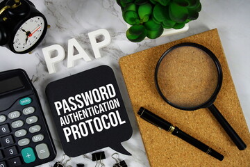 PAP - Password Authentication Protocol acronym with calculator, alarm clock and magnifying glass,...